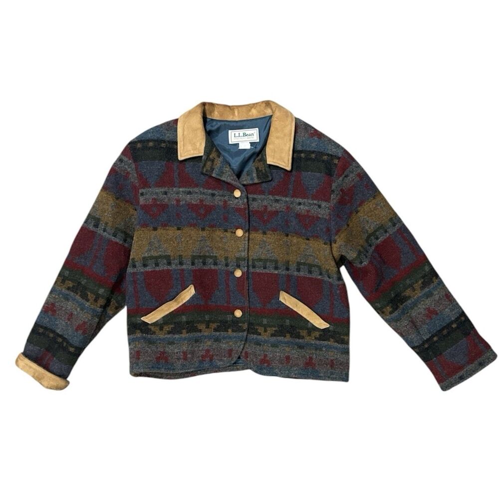 Vintage LL Bean Wool Aztec Barn Chore Jacket Southwestern L Suede Trim USA 90s